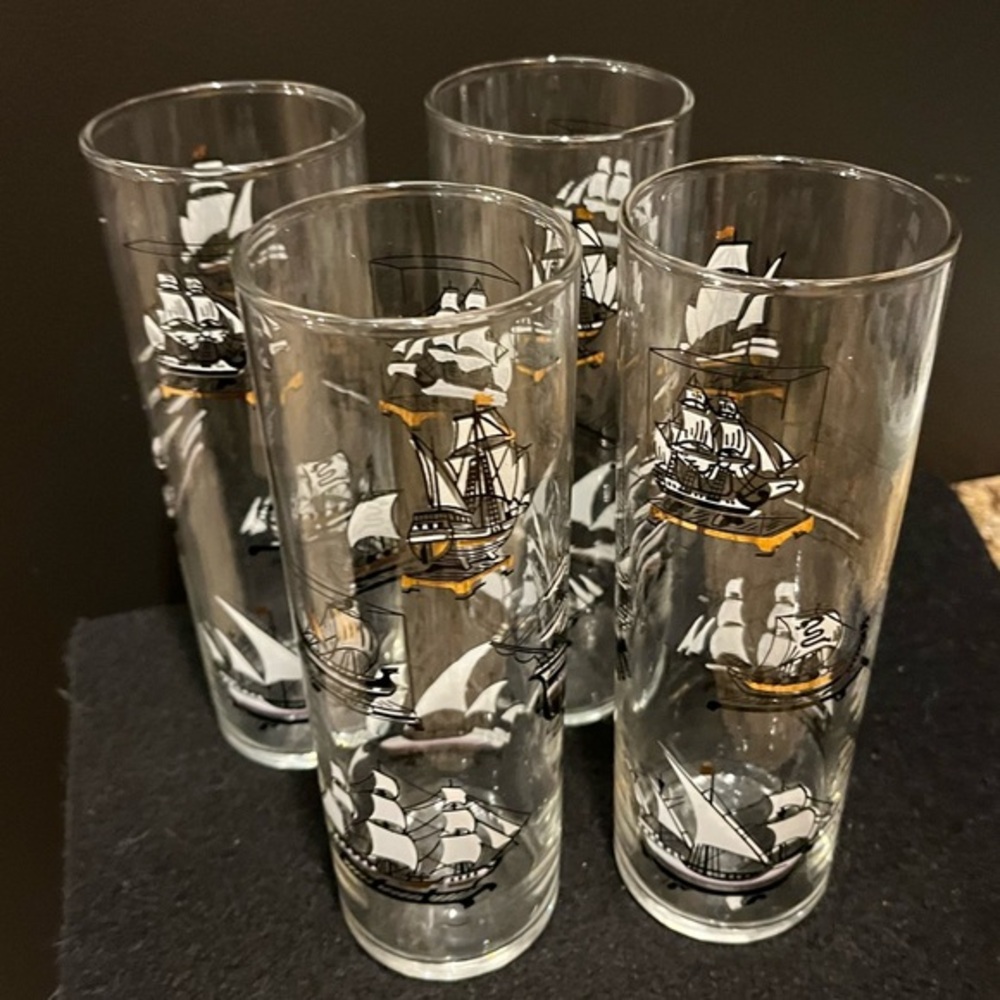 Vintage Libbey Nautical Tall Ship Design Hi Ball Glasses Set of 4